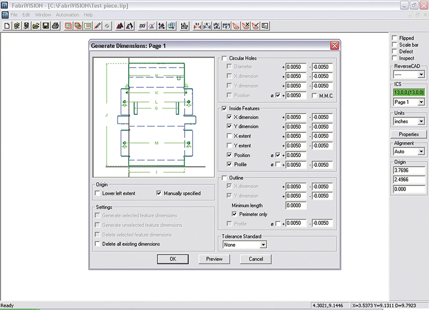 FabriVISION Generate Dimensions User Interface