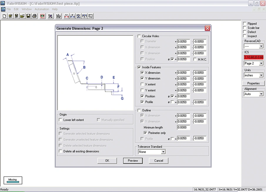 FabriVISION General Dimensions Program User Interface